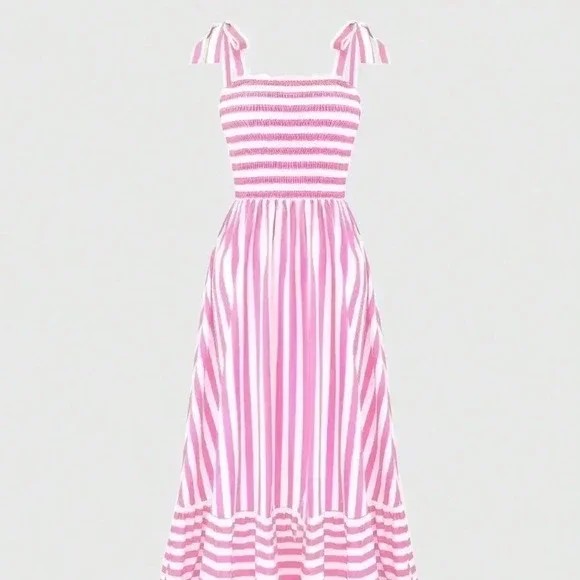 Pink Boho Women's Shoulder Strap Chest Gathered Striped Dress - Picture 3 of 5